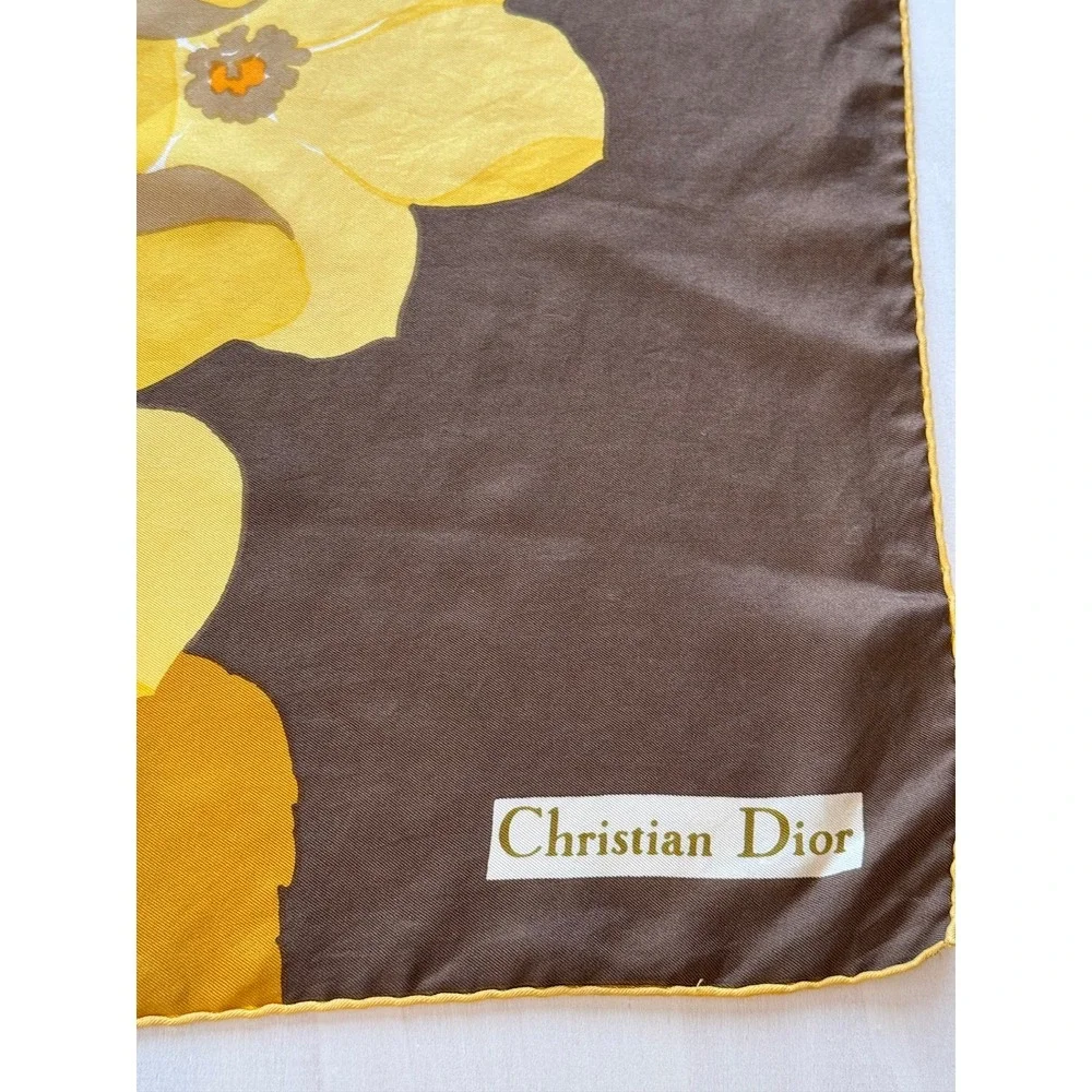 VTG Christian Dior Vintage Silk Scarf Floral Brown Yellow Hand Rolled 30